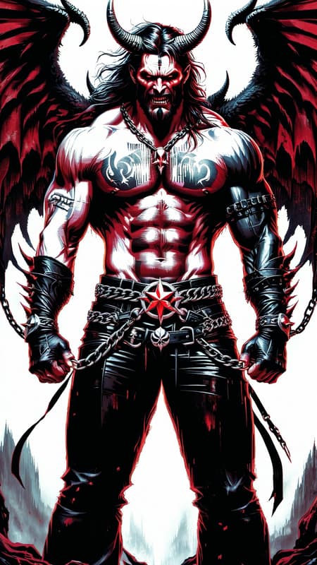 Cosmic horror. Chaos from creation. Abyss demon, death demon. Hypermasculine male, tall, extremely muscular, brute, sinewy. Pale white skin. Red, menacing eyes with dark circles around them. Strong brow and jaw, vampire-like fangs in his mouth. Black medium length hair, wild and unruly. 2 large white ivory horns curving up from the sides of his head. Black goatee on his face. His upper body is covered in dark red tribal tattoos and sigils, all neatly arranged. Big silver chains are wrapped around his massive chest in an o-ring style harness, also wrapped above his biceps. Heavy black leather bracers with spikes are on his arms. Hands have black, claw like fingernails. He wears form-fitting, leather bondage-type pants with chains around his waist. A large silver inverted pentacle as the belt buckle. Pants are tucked into big, heavy black boots adorned with silver metal. He has 2 gigantic demon wings, black on the outsides and reddish on the insides-- he uses them to fly. He has a dark aura and there is black smoke wherever he goes. Full body pose. He is a worshiper of Death. Cosmic horror. Chaos from creation. Abyss demon, death demon. Hypermasculine male, tall, extremely muscular, brute, sinewy. Pale white skin. Red, menacing eyes with dark circles around them. Strong brow and jaw, vampire-like fangs in his mouth. Black medium length hair, wild and unruly. 2 large white ivory horns curving up from the sides of his head. Black goatee on his face. His upper body is covered in dark red tribal tattoos and sigils, all neatly arranged. Big silver chains are wrapped around his massive chest in an o-ring style harness, also wrapped above his biceps. Heavy black leather bracers with spikes are on his arms. Hands have black, claw like fingernails. He wears form-fitting, leather bondage-type pants with chains around his waist. A large silver inverted pentacle as the belt buckle. Pants are tucked into big, heavy black boots adorned with silver metal. He has 2 gigantic demon wings, black on the outsides and reddish on the insides-- he uses them to fly. He has a dark aura and there is black smoke wherever he goes. Full body pose. He is a worshiper of Death.