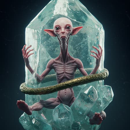 Elf Ensnared Elf ensnared within a glistening crystal, surrounded by sharp focus and ethereal volumetric lighting, exuding beauty and elegance with intricate detail, reminiscent of a midjourney render and trending piece on Artstation, akin to an award-winning photograph or masterpiece in 8k UHD with HDR clarity. Captures the surreal blend of duplicated, mutated aspects with cloned features, cross-eyed expression, elongated neck, and extra digits on altered hands. The scene maintains a sense of intrigue and mystery, free of low resolution, distractions, or any intrusive elements like watermarks, logos, or text, presenting a coherent and uninterrupted visual narrative.