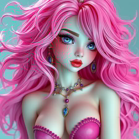 Her hair is a cascade of vibrant pink, a striking hue that challenges the norm. It spills in untamed cascades around her face, enveloping her features in a colorful aura. adorned with jewelry, she has a busty figure, and her long hair is reminiscent of CGI and 3D art. her appearance is akin to a doll, crafted with octane rendering, blending elements of cartoon and anime. the scene captures the essence of illustration and digital painting, a fusion of low-resolution charm and textual whimsy. Her hair is a cascade of vibrant pink, a striking hue that challenges the norm. It spills in untamed cascades around her face, enveloping her features in a colorful aura. adorned with jewelry, she has a busty figure, and her long hair is reminiscent of CGI and 3D art. her appearance is akin to a doll, crafted with octane rendering, blending elements of cartoon and anime. the scene captures the essence of illustration and digital painting, a fusion of low-resolution charm and textual whimsy.
