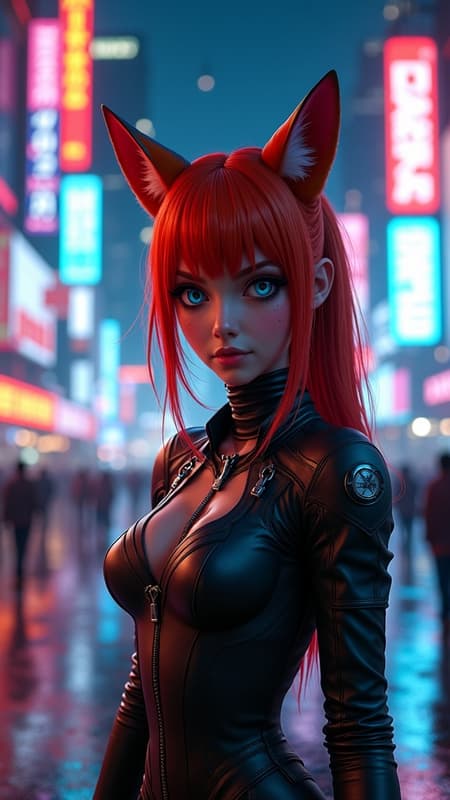 A striking redhead fox-girl with vivid blue eyes stands amidst the bustling cyberpunk night city, surrounded by the vibrant glow of neon lights. The scene encapsulates the essence of Cyberpunk 2077, showcasing a futuristic world where technology and life intertwine. The atmosphere is a mixture of gritty realism and futuristic flair, with towering skyscrapers and holographic advertisements illuminating the skyline. The fox-girl's sleek, adaptive outfit reflects the neon hues, while her ears and tail add an element of mystical allure to her persona. Her intense, determined gaze signals both vulnerability and strength, embodying the blend of human and animal traits in a world that blurs the lines between reality and cyber-enhancement. The overall composition reflects ultra-high definition clarity and high dynamic range, bringing every detail into sharp focus against the mesmerizing, electrified backdrop. The scene captures a glimpse into a world of endless possibilities, echoing the spirit of bravery and individualism in a cybernetic era.