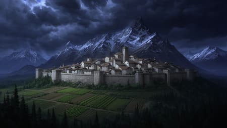 A professional, stylish illustration of a walled fantasy city sitting on a mountain plateau surrounded by farmland and forest below. In the background there are tall mountain peaks capped by snow. The scene is at night, with heavy storm clouds in the sky. The city houses are made of stone and plastered walls with low angled roofs.