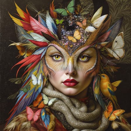 A highly intricate and surreal portrait of a person, where an array of vibrant animals, from tropical birds with vivid plumage to sleek, shimmering fish, are meticulously arranged to form the contours and features of the face. The eyes are crafted from the deep gaze of an owl, each feather carefully forming the curves of the eyelids. A cascade of butterflies and dragonflies with delicately iridescent wings weave together to create flowing hair, catching the light in a mesmerizing dance of color. The complexion is formed from a tapestry of fur and scales, with subtle color shifts mimicking natural skin tones. The lips are elegantly shaped from the gentle curves of intertwined snakes, their scales capturing the light in a soft sheen. This dynamic composition captures the essence of humanity through a rich and diverse symphony of life, evoking the imaginative spirit of Giuseppe Arcimboldo, where each creature plays a vital role in the harmonious and lifelike depiction.