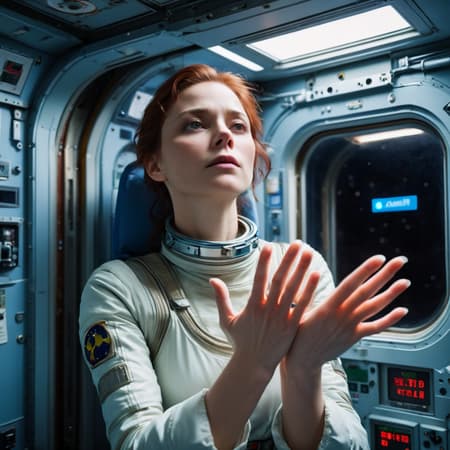 Envision a scene that transcends the boundaries of photography, where a woman's deep melancholy is as tangible as the space she occupies. She is adrift inside a space station, her presence a poignant contrast against the mechanical backdrop. Her gaze, lost in the vastness of space, speaks volumes of unspoken stories. Focus intently on her hands - pale, almost ethereal, they are captured in an emotive gesture, perhaps tracing the cold glass of the window or floating gracefully in zero gravity. These hands are not just part of her; they are storytellers in their own right. The image should be infused with the distinct qualities of a shot taken on a Canon 5D Mark IV with Kodak Ektar film - the colors are deep and resonant, the details are sharp yet possess an organic quality, and there's a subtle grain that adds a layer of depth and authenticity. This isn't just a photograph; it's a moment of raw emotion, frozen in time, inviting the viewer to not just see, but to feel.