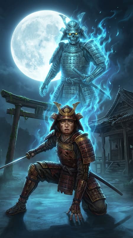 A young female samurai, wearing damaged red and gold armor, looking up with golden eyes and a distressed expression, holding a katana in a defensive pose. Above her, a ghostly samurai in full armor, glowing bright blue with an eerie face and yellow eyes, emerges from ethereal flames. Background features a giant full moon, a moss-covered wooden torii gate, and a crumbling wooden structure. Dark, mystical atmosphere with dramatic backlighting from the moon, casting an ethereal glow. Blue fire wisps float around. Digital painting, fantasy art, intricate details, highly detailed.