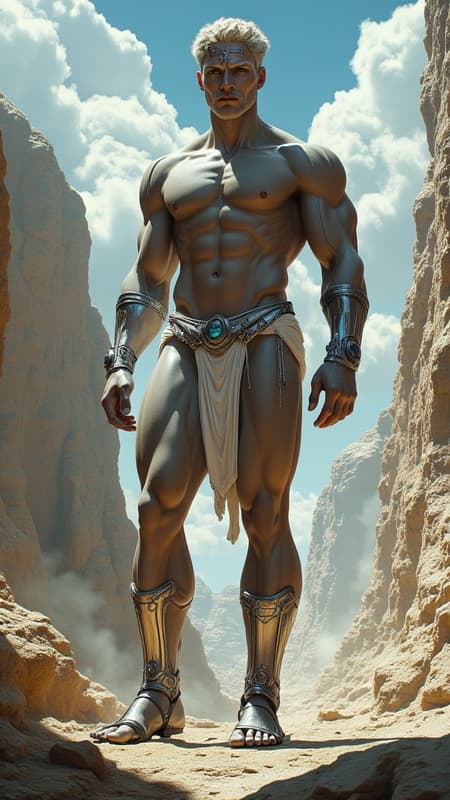 Sci-Fi futuristic fantasy, legend, homo-erotica. On an Alien world, handsome giants known as Brutons emerged from the rock formations. They look like living statues with their marble-like skin and gemstone colored eyes. Ruggedly handsome, masculine, beautiful men. They stand at 7feet tall or taller, and their bodies are physical perfection with broad chests and backs, narrow waists, muscular sinewy bodies, strong massive arms, powerful legs. Their bodies are sculpted to perfection by nature, and they wear very little clothing other than iridescent diaphanous white thongs on their girthy genitals and metallic sandals with straps up to the calves. There may be metallic bands around the tops of their biceps, and metallic bracers on their arms. They all wear metallic circlets around their foreheads, their hair is short and sculpted, usually a wavy fade hairstyle of any color. 
They help build the futuristic city as well as guard it, carrying huge shining swords or fighting with their own massive muscles. When they are not standing at attention, they keep company with each other, laying together and absorbing sunlight. They do not sweat, but their bodies glisten and sparkle from the microcrystals inside their bodies. They do not speak, but share a telepathic bond with one another.  They are an all-male race, looking only to each other for pleasure when not building or gaurding. The other aliens on their planet appreciate and love them very much for all they do. {{{MASTERPIECE}}} 