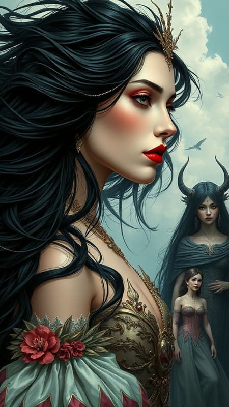 Majestic queen with flowing black hair and striking red lipstick, set in a fantasy realm reminiscent of Game of Thrones. The scene features an intricately detailed digital painting, combining an elegant and highly detailed style with influence from Artgerm, Greg Rutkowski, and Alphonse Mucha. The artwork is of 8k resolution, capturing a sharp focus and refined illustration on par with concept art found on ArtStation. Within this fantastical setting, a unique and surreal group of characters appears, blending elements of beauty with the unconventional — multiple figures with varying limbs and features, creating a visually compelling tableau.