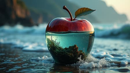 Stormy sea blended seamlessly into a glossy glass apple, with waves and textures subtly reflected in the apple's surface, sharp focus, double exposure design, lifeless yet captivating, glass apple with earthy colors and a sense of decadence, intricately crafted, hyper-realistic and high-definition, highly detailed with a dark softbox ambiance, raytracing effects creating a moody cinematic feel, HDR-enhanced, photorealistic presentation that captures the tumultuous beauty of the sea trapped within the elegant, lifeless apple.