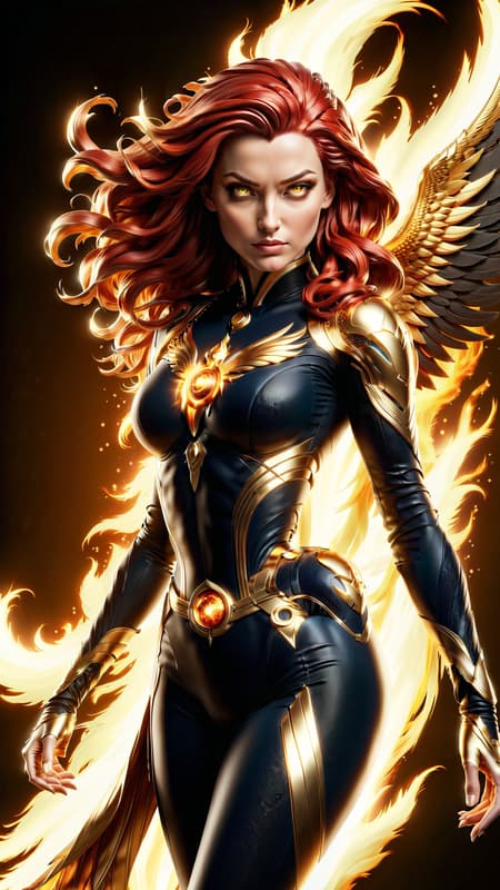 Phoenix/Jean Grey in her Phoenix costume, but it's black with metallic gold, a fiery falcon symbol on the front of her costume,  the sash around her waist blowing in the cosmic winds. She is surrounded by her fiery Phoenix raptor/falcon aura. Her eyes are lit up like stars. Her hair is beautiful red flames. Full body pose. She is in space, on the edge of a galaxy. 