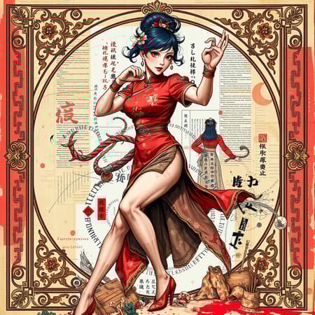 Vibrant, fullbody depiction of a domineering lady with slender thighs engaged in a dynamic fighting pose, adorned in a traditional Chinese cheongsam, surrounded by an ornate frame. The artwork evokes a sense of boldness and intensity. While imperfections like poorly drawn elements, incorrect anatomy, and distorted limbs are present, they contribute to an abstract, chaotic style. The scene includes textual elements and watermarks, contributing to a layered, textured composition. Despite occasional blurriness and unexpected mutations, the piece maintains a unique, striking visual impact with elements of artistic signature and possible errors interwoven into the design.