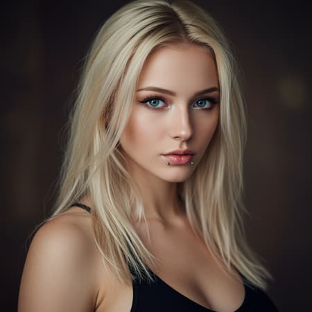 Hot blond-haired girl gazing at the viewer, striking portrait in 8k resolution, showcasing intricately detailed skin with an air of realism, a photo-realistic capture with a full-length frame. She features a piercing that adds a touch of edginess, framed by diffused soft lighting that casts a gentle glow. Employing shallow depth of field for a dreamy background blur, the main focus is sharp and precise, embodying hyperrealism with cinematic lighting that enhances every contour and expression.