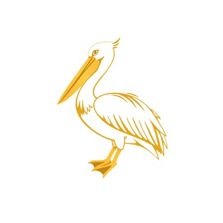 Vector illustration of a corporate logo featuring a highly stylised pelican in gold on a white background, showcasing a minimalistic and sophisticated design. The pelican is elegantly crafted, embodying a sense of corporate prestige and class. This digital vector rendering maintains a sleek and polished look, ideal for branding purposes, with influences reminiscent of Tom Geismar's design style. The composition is clear and precise, free of any imperfections such as bad anatomy or low-quality resolution.