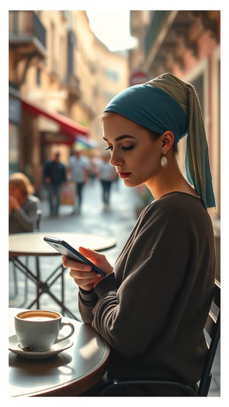 Modern photograph inspired by "Girl with a Pearl Earring," young woman in Italy sitting at a vibrant outdoor cafe, engrossed in her smartphone, cappuccino resting on the table, soft sunlight casting gentle shadows, ambiance relaxed and serene, hint of a gentle breeze, lively streets in the background.