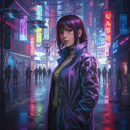 A futuristic Japanese woman in a stylish raincoat stands confidently on a bustling city street, her features detailed and symmetrically designed. Surrounding her is a vibrant anime-style cyberpunk cityscape, reminiscent of Cyberpunk 2077's aesthetic. The scene is rendered in full-color manga visual style with striking neon lights reflecting off skyscrapers and the rain-soaked pavement. Her expression is one of determination, embodying the essence of anime key visual style, while the detailed background is filled with holographic advertisements and hovering drones, adding to the atmosphere of an advanced, tech-driven world.