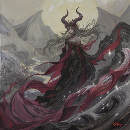 Generated Demon Royalty Demon royalty depicted in a classical oil painting style, featuring a fantasy setting with intricate brush strokes and vibrant colors, reminiscent of the works of Kawacy and Makoto Shinkai. This piece captures the grandeur of a demon princess set against an ethereal backdrop, exuding an air of mystique and power. The canvas showcases a dynamic composition that feels alive, with attention to detail and a rich texture that brings the character to life. Despite the fantastical elements, the painting retains a human touch, infusing emotion and storytelling within every stroke, ensuring its place as a trending masterpiece on ArtStation. An artful portrayal with subtle nods to traditional elements, the piece bears an artistic watermark blending seamlessly into the design, and a tasteful signature, preserving the creative essence of the artist.