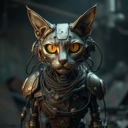 A mechanical cyborg cat stands menacingly in its rusty old armor, crafted from worn metal plates intricately fused with robotic components. Tangled wires and cables sprawl across its body, set against an apocalyptic backdrop that amplifies its eerie presence. The creature's artificial eyes, glowing with an unsettling intensity, lock onto the viewer as if peering into their soul. Its skin, meticulously detailed, reflects a high-resolution, photo-realistic texture that magnifies its creepy, unsettling allure. The scene is captured in cinematic low-light, with diffused soft lighting that casts haunting shadows. The hyperrealism of the 8k image is sharpened by a shallow depth of field, focusing intensely on the cyborg cat's gaze. Despite the perfect composition, the image is plagued by digital glitches and imperfections—blurry edges, jpeg artifacts, and distorted anatomy—which add a layer of dystopian chaos to the otherwise precise portrait. The environment is a swirling vortex of technological decay and post-apocalyptic gloom, encapsulating the grim future where such hybrid monstrosities exist. The absence of limbs and the grotesque manipulation of the cyborg's structure hint at nightmarish mutations, unnaturally long necks, and malformed extremities, accentuating the sense of horror and fascination.