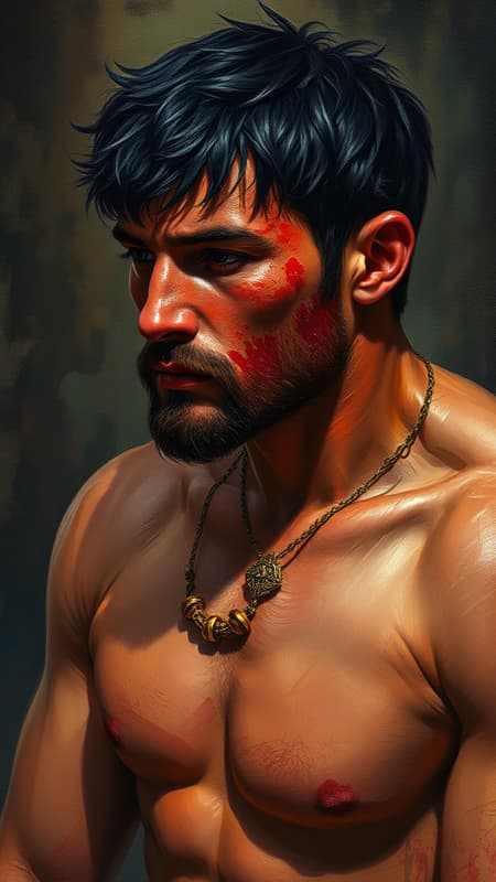 Adam the primordial man with deep red skin and short black hair, depicted in a biblical and gospel setting, combines the stylistic influences of digital painting, watercolor, and oil to create a painterly masterpiece. Inspired by the works of Jeremy Lipking, Antonio J. Manzanedo, Alphonse Mucha, Fuller Graves, and Bartolome Esteban Murillo, the scene captures the dramatic flair of JC Leyendecker, the innovative touch of Craig Mullins, and the classic grace of Peter Paul Rubens. This detailed painting, rich in CGSetivity, embodies the high-detail photorealism of concept art showcased on ArtStation in striking 8k resolution, echoing the official art trends seen in the vibrant ArtStation community.