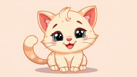 Illustration of an adorable cartoon cat with big, sparkling eyes and a playful grin, its fluffy tail curled up in delight and soft, colorful fur with subtle patterns giving it a charming look. The background is a simple, bright pastel color that makes the cheerful cat the focal point of the image.