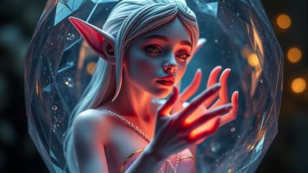 Generated Elf Encased Elf encased in crystal, exhibiting sharp focus and enveloped in magical volumetric lighting, exuding beauty and elegance with intricate details; a high-resolution midjourney render reminiscent of trending Artstation pieces and award-winning photography, capturing the essence of a masterpiece in 8k UHD HDR. The scene showcases the elf with a unique twist, presenting unusual mutations such as duplicated features, a long neck, and extra fingers on elegantly distorted hands. This surreal depiction maintains a low-resolution background to highlight the ethereal entrapment, avoiding distractions such as watermarks, text, or cartoonish elements, keeping the viewer's attention on the enchanting and otherworldly subject.