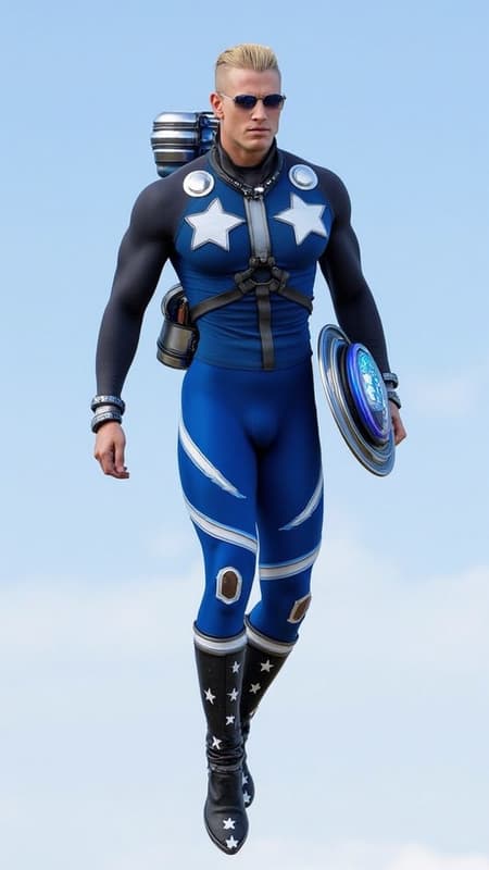 Sci-Fi futuristic tech meets the American soldier. Hypermasculine Caucasian male, tall, strong, muscular, sinewy, broad chest and back, narrow waist, big arms and powerful legs. Bodybuilder. Sandy-blonde hair, faux-hawk close on the sides and spiky on top. Strong brow and jaw, handsome face, blue-grey eyes usually covered by sapphire blue solar shields/goggles. Blonde chevron mustache on his face. Air Force blue spandex outfit; long sleeved mesh shirt with white cut-out star on the chest. Silver shield-shaped shoulder pads with black trim on shoulders, metallic power/energy gloves with the same style. Spandex pants stretched over muscular legs and a bulging groin, white stripes and stars down the sides of his thighs. Metallic black knee-high boots with same white stripes and stars across the tops. He carries a round holographic energy shield that can expand to protect him and others. A futuristic jetpack in blue, silver and black strapped across his back to help him fly. Full body pose, him flying through the skies. 