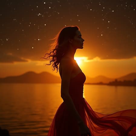 Golden sunsets shimmer, stars twinkle serenely, embracing the night’s tranquility, elegant attire, centrally composed, visually captivating, intricately crafted, breathtaking elegance, precise detailing, vibrant cinematic scope, inspired by Anna Dittman, complete figure, dynamic posture, outstanding quality, ultra sharp focus detailed description.