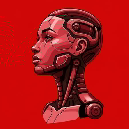 A striking woman with sleek robotic elements showcasing a closeup profile of her face and neck, intricate circuitry elegantly integrated into her skin, characterized by clean lines and minimalistic details. Set against a vivid red background, this cyberpunk-inspired, futuristic portrait embodies a 2D flat composition. Dominated by rich red tones, the digital artwork evokes the unique aesthetic of Studio Ghibli, blending organic beauty with advanced technology, while slightly softening the overall appearance to add a touch of humanity.