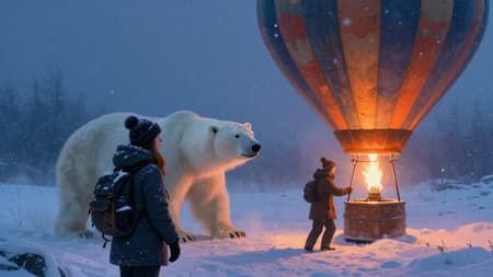 Digital painting, an adventurous young woman in a winter coat and backpack looks over her shoulder, a large polar bear emerging from the misty blue background with falling snow. To her right, a man in a warm hat and coat tends to a hot air balloon's burner, casting a warm orange glow onto the balloon and the surrounding snow. The scene is set in a harsh, snowy arctic landscape at twilight or night. The mood is tense and adventurous. Cold blues and purples dominate the sky and shadows, contrasted by the bright orange and yellow light from the balloon's burner. The balloon itself is old and weathered. Blizzard, photorealistic.