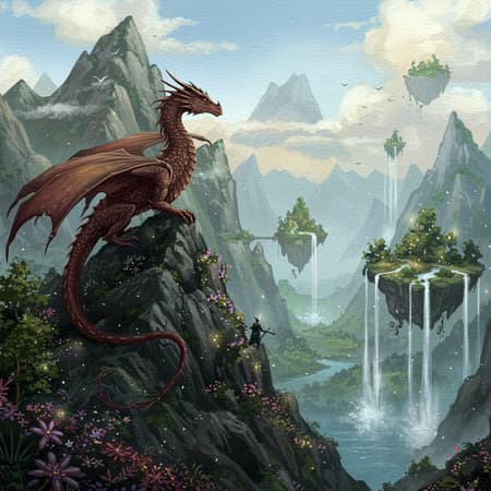 A regal Dragon rests on a rugged mountain peak, gazing over an enchanting valley where floating isles and cascading waterfalls abound, bathed in the gentle light of glowing flora, creating an aura of timeless mystery and awe, Painting, watercolors on textured paper, in an aspect ratio of 9:16, version 5.2, with quality level 2, and style weight 1000.