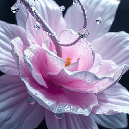 Surrealist rendering of glistening water droplets cascading along the twisting stem of an abstract flower, captured in a fusion of Picasso-esque surrealism. The petals exhibit a melting effect with intertwining textures of light silver and ethereal light purple. Intricate layers create a dreamlike depth, augmented by distorted reflections, capturing the essence of metamorphosis within a 1:1 dimension. Harmonious yet perplexing, light dances upon the surface, elevating the fantastical interplay of form and color.