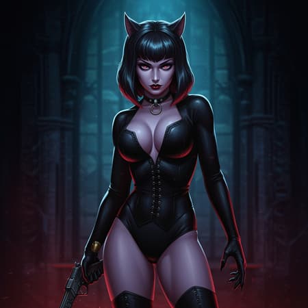 Vampirella-inspired character, strikingly beautiful and charismatic with an athletic physique and captivating figure, enveloped in an aura of horror and suspense reminiscent of classic horror films, styled like Jessica Drossin's work, exhibiting kitsch elements with life-sized presence, incorporating unique shapes and forms, and a touch of catcore aesthetics.