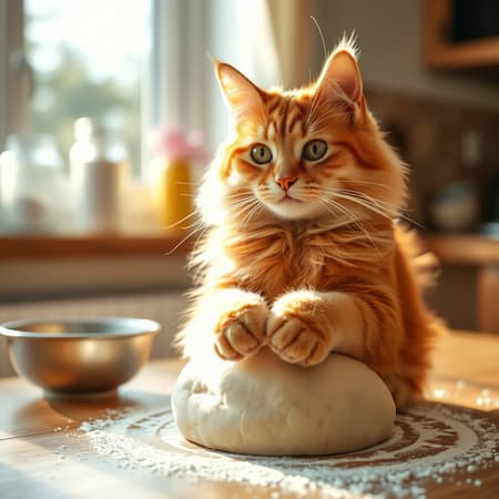A fluffy ginger cat perched at the kitchen table, its paws rhythmically pressing into a soft mound of dough, as the afternoon sunlight filters through the window, casting a warm glow on its curious eyes and dusting its whiskers with flour. A fluffy ginger cat perched at the kitchen table, its paws rhythmically pressing into a soft mound of dough, as the afternoon sunlight filters through the window, casting a warm glow on its curious eyes and dusting its whiskers with flour.
