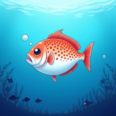 Vibrant digital illustration of a stylized red snapper, centered and swimming left in clear blue water. The fish has a white belly, red-orange scales with dark spots, and large black eyes. Above, the water surface shows ripples and reflections of light. Below, a dark blue seabed with subtle plant life and numerous small, silhouetted fish. A few bubbles float around the main fish. The art style is clean and graphic with bold outlines, resembling a children's book illustration or animated cartoon. Bright, cool lighting from above creates a serene and playful mood. Dominant colors are blues, white, and a striking red-orange. Vertical composition.