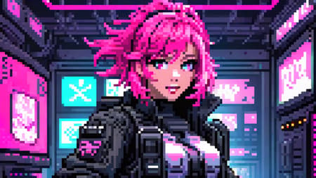 (swat man), (pixel art), detailed, torso, gloves, mask, goggles, action pose, trench coat, pink, surreal, strange, (full body sexy gamer girl with pink hair photo), vaporwave neon theme, woman, portrait, smile, laugh, open mouth, (upper body, bust shot, looking away:1.1), neon hair