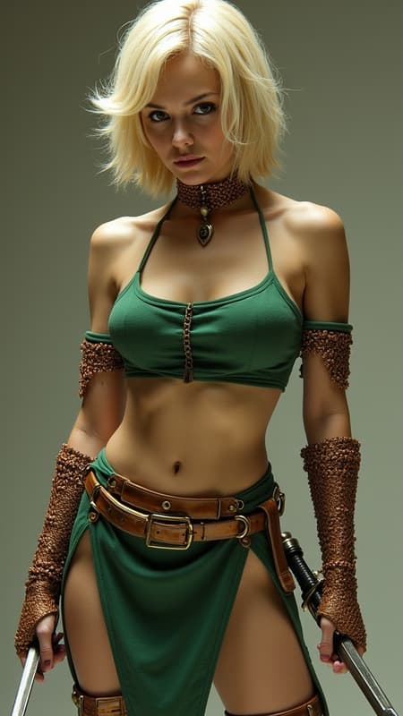 Supervillain, warrior, assassin. Caucasian female, medium height, thin but athletic, quick and dexterous. Brown eyes (always alert), thin eyebrows, average looks. Short length sandy blonde hair just above the shoulders, middle parted with feathered Bangs and volumous feathered hairstyle. Off the shoulder hunter green crop-top with short sleeves and Copper chainmail armor accents, exposing her midriff. Copper bracers on arms. A triangular hunter-green short skirt, the long part in the middle and high on the sides of the hips, joined and held by Copper chainmail accents. Copper colored bucket boots just below the knees, medium boot heels. She carries 2 razor sharp katanas, electrified to zap her target as well as cut them. If she faces any sort of physical attack, she automatically teleports away from the attack. Her bosses send her when they want someone killed quick, and she's more than happy to oblige. Full body pose. 