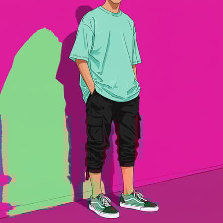 A creative illustration art depicts a full-body image of a man wearing a mint green oversized T-shirt and black capri cargo pants, accented by green Vans old-school sneakers. The artwork merges seamlessly into a vividly colored digital background featuring bold outlines and bright hues of pink, neon green, and magenta. This playful, cute cartoonish art style showcases the man positioned against a vibrant, eye-catching wall, set against a solid color background. The scene bursts with energy and creativity while maintaining the essence of the original concept.