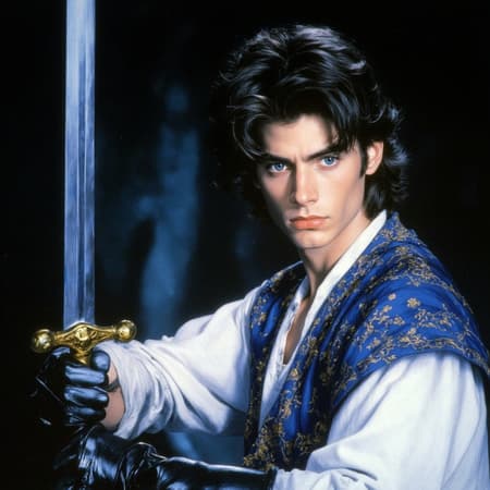 ArsMovieStill, 80s Fantasy Movie Still, The image is a close-up portrait of a man holding a sword. He is wearing a white shirt with a blue and gold patterned vest over it. The man has shoulder-length dark hair and blue eyes and her expression is serious and intense. The sword he is holding is long and pointed with a golden hilt and a blue blade. The background is dark making the man and the sword stand out. The overall mood of the image is dramatic and powerful., weapon, sword, 1girl, solo, brown eyes, black background, holding sword, holding, holding weapon, gloves