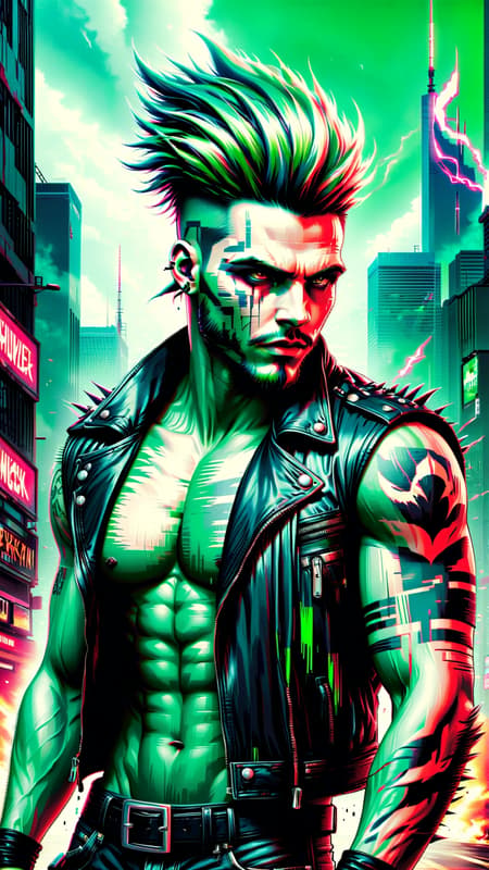 Supervillain with the ability of exuding toxic green radioactive vapor. He gives off a bright green glow/aura. Masculine man, Caucasian male. Heavy Metal and Punk Rock fan. Tall, thin, lithe but muscular, sinewy, well defined, wide shouldered. Pale skin, strong brow and chin. Rugged good looks. Electric green eyes, intense gaze, often sneering. Bright green hair, shaved on the sides and top, with a shark fin Mohawk hairstyle in the center of his head. 3 spiked piercings down the center of his forehead. Goatee on the face is also green. He wears a sleeveless black leather motorcycle jacket, unzipped. Black leather bracers on his arms, silver spikes on them (bracers).  Red biohazard tattoo on his left arm. Armpit hair is also green, which he displays proudly. Black leather jeans, with a spiked leather belt. A silver biohazard symbol as the belt buckle. Full body pose. His aura is a radioactive green, often toxic to the people around him. He roams the city streets. 