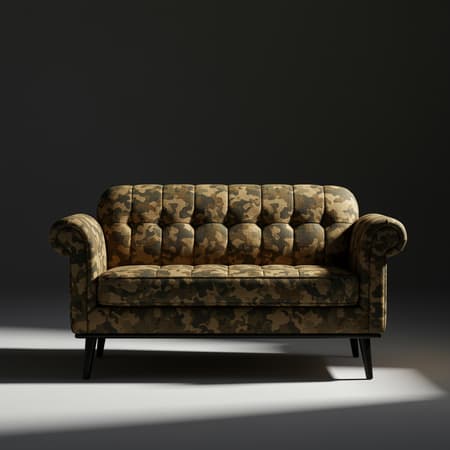 Productive Photography Front Art Productive photography front view of a small couch, featuring a camouflage texture with black steel detail, shot with a Sony α7R IV and paired with a Sony FE 24-70mm f/2.8 GM lens. The camera is set to an aperture of f/8 for optimal sharpness, with a shutter speed of 1/125 to freeze motion, maintaining ISO at 100 for the highest image quality, capturing every detail from the intricate light patterns to the rich material textures. The scene is set in a low hue solid background photo studio, employing white and black high contrast with highlights, casting realistic sunlight complemented by softbox lighting. The focus is sharp and clear, offering a detailed, cinematic view in a glamorous UHD resolution, showcasing the elegant design against a solid backdrop.