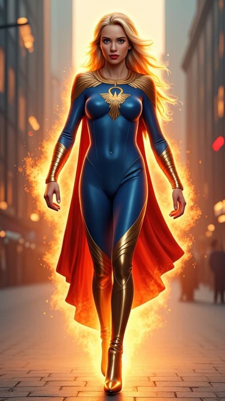 Female superhero, fire based character. Caucasian female, tall, slender, athletic build, modelesque. Long golden blond hair, layered tresses. Ethereal beauty, liquid amber eyes, long lashes. Red lips. Her costume is a form-fitting bodysuit that covers her from neck to feet; it is a shimmering cobalt blue with metallic gold strips up the sides of the legs, ribs and arms. Metallic gold heels on her feet that blend into the legs of her bodysuit. A shiny metallic gold falcon symbol on the front of her chest, the wings flare out from her shoulders. There is a falcon shaped circlet/band around the front of her head, a set of stylized wings that fan out from the sides of her head, her long wild hair flows and falls over and around it. A short red cape flows down her back-- it is shaped to look like a pair of wings and is attached to her arms. She can create and project flames of all shapes and sizes, burning bright intensity. She can fly, her winglike cape extends from her arms like a set of glider wings. There is a flamelike aura surrounding her when her powers are in use. Full body pose, flying through the city and burning bright. 