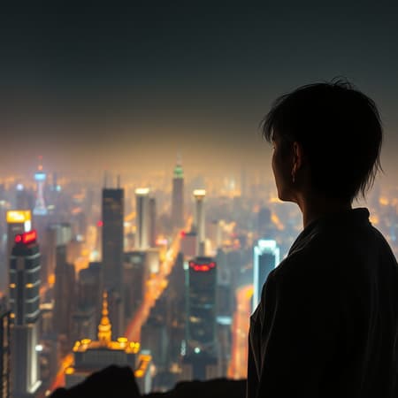 Generated Dystopian Cityscape Dystopian cityscape with high detail and rich RAW colors, a figure stands on an overlook gazing at an expansive cyberpunk skyline, face flawlessly crafted, enhanced by raytracing and specular lighting. The scene, captured with a shallow depth of field and a 200mm lens, showcases a smooth, cinematic film quality. Rendered in CGI with an emphasis on realism, the city glows in the night. Despite the city's beauty, an undercurrent of imperfection runs through, with elements slightly out of alignment—shadows not quite matching their objects and light sources that flicker unpredictably. The skyline is a digital masterpiece that hints at a world of advancements mixed with subtle dystopian chaos.