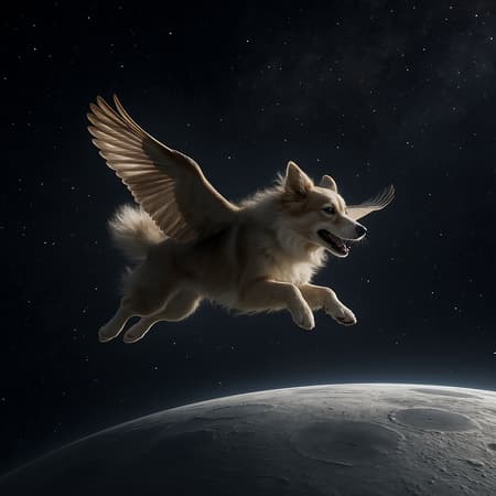 Realistic depiction of a furry dog soaring gracefully amidst the stars, surrounded by the vastness of space, as it flies near the luminous surface of the moon, captured in stunning 4k detail.