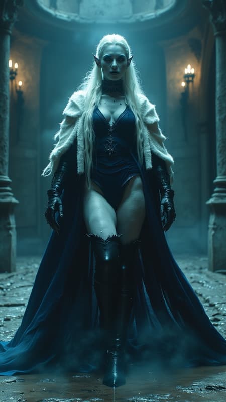 Dark sci-fi horror. Alien vampire. Powerful, evil, otherworldly, feminine woman. Her aura glows with a cold, pale bluish-white light, her eyes shine in the dark. Tall, slim but curvy, lithe, strong. Her feet never touch the ground, she floats/levitates in the air. Pale white corpse skin, make-up in various shades of blue. Long, silvery-white hair down to her back, all one length and side parted, hanging over one eye. Pointed elf-like ears. Fangs, dark blue lips, like a dead person. A black leather choker around her neck. Black and midnight-blue lingerie with long, Gothic sleeves. A white fur stole draped around her shoulders. A sheer, black, bat-like night robe with Midnight blue accents. Thigh-high black leather boots with stiletto heels. Full body pose. 