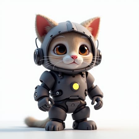 Cyberpunk adorable feline mechanic, set in a futuristic world with intricate detailing, created utilizing Blender and Unreal Engine, featuring volumetric lighting against a plain white backdrop, slight creative twists added for uniqueness