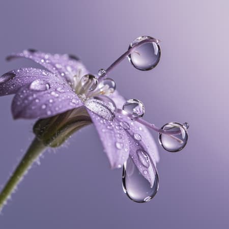 Surreal depiction of translucent water droplets delicately perched on a flower's stem, inspired by the surrealism of Picasso, with elements melting and merging, intertwining various textures. The composition features a soft palette of light silver and pale purple, highlighting intricate layers and depth, creating an ethereal atmosphere.