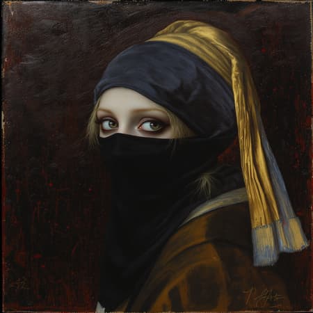 A mesmerizing Gothic reinterpretation of "Girl with a Pearl Earring," featuring a blond-haired girl with a mysterious aura, adorned in a black headscarf, her expression imbued with a haunting depth. This detailed oil painting, set against a richly textured background, seamlessly blends Gothic art influences with the timeless elegance of the Dutch Golden Age. Crafted by an award-winning contemporary artist, the composition evokes a sense of ethereal beauty and dark intrigue, capturing the viewer's imagination with its masterful interplay of light and shadow.