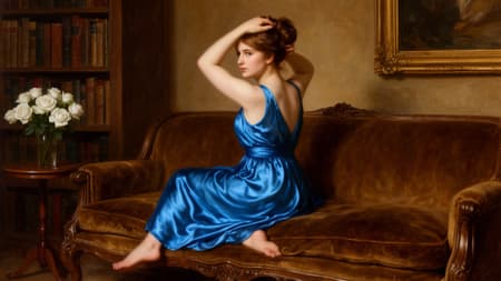 Oil painting, a young woman in a luminous blue satin dress sitting barefoot on an antique brown velvet sofa, facing away but looking over her shoulder at the viewer, her hands up arranging her brown hair into a bun. The background features a bookshelf filled with books on the left, a small wooden table with a vase of white roses, and part of a framed painting on the right. Soft, warm, indirect lighting creates a gentle, intimate mood. Rich, earthy tones of brown and gold contrast with the vibrant blue dress and white flowers. Detailed brushstrokes, classicism, academic art, Pre-Raphaelite influence.