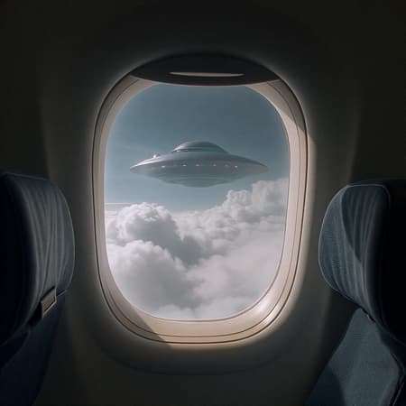 Looking out from the interior of a passenger plane, fluffy white clouds drift by as a mysterious UFO hovers just beyond the window, casting a curious shadow across the rows of seats and creating an air of intrigue and wonder inside the cabin.