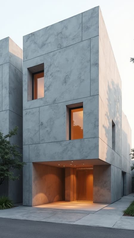 Capture a dynamic view of a minimalist building facade design using a Canon EOS 5D Mark IV with an EF 24mm f/1.4L II USM lens, set at f/2.8 to achieve a depth of field that accentuates architectural photography. The design should seamlessly blend different materials in an innovative and aesthetically pleasing manner. Focus on a clean composition with sharp lines and a balanced interplay between light and shadow in an archdaily style. Aim for high contrast, emulating a professional architectural photographer's approach. Highlight the facade's details and textures, such as unique patterns in the materials and the subtle play of light through the windows, to create a sense of depth and realism. Emphasize the facade as the focal point of the composition with dramatic lighting and a foggy, yet realistic sunlight atmosphere. Ensure the details of the facade's design and materials stand out, maintaining a photorealistic quality without unreal scale. Capture it in a 9:16 aspect ratio with a raw style and a stylize value of 750 to enhance the visual impact while making subtle creative modifications to preserve the essence of the concept.