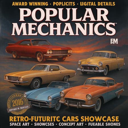 Retro-futuristic cars showcase in the style of popular mechanics magazine, embracing vintage charm and intricate detail; a digital art piece with concept art flair, blending digital painting techniques to create an award-winning, maximal detail poster.