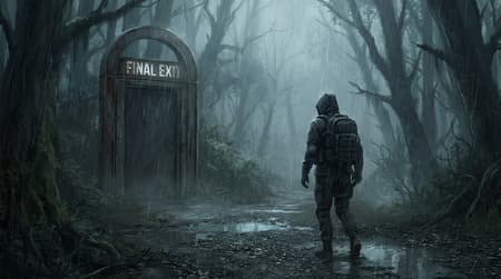 Full shot, a lone figure from behind, dressed in tactical gear and a backpack, walking away from a dark, metallic doorway marked "FINAL EXIT" into a foggy, rainy forest. The image is a digital painting with a strong, moody atmosphere. The lighting is dim and atmospheric, with soft, diffused light from the misty environment. Colors are predominantly cool, featuring dark blues, grays, and muted greens, creating a somber and mysterious mood. The ground inside the doorway is covered in gravel and puddles reflecting the dim light. The forest is dense with blurred trees and heavy mist, suggesting isolation and an unknown path. The overall aesthetic is dark and cinematic.