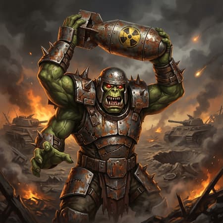 Ferocious Ork Warrior Wielding Nuclear Bomb A Warhammer 40k style ork warrior, green skin, red eyes, wearing battered metal armor and a helmet, holding a rusty nuclear bomb with a yellow radiation symbol over his head, preparing to throw it. His mouth is open in a snarl, showing sharp teeth. He holds his left hand out, palm forward. The background is a war-torn wasteland with destroyed tanks, craters, and burning debris under a smoky, cloudy sky. Digital painting, highly detailed, grimdark aesthetic. Dynamic pose, dramatic lighting with highlights on the bomb and ork's armor. Dominated by greens, browns, grays, and rusty reds, with bright orange fire in the background.